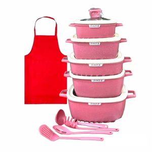Set de Ollas Cuadradas Dinos Antiadherente Rosado 17 Piezas