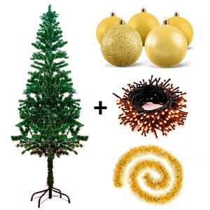 Arbol Navidad Nevado 1.8 Guirnaldas y Bolas Dorados con Luces Multi