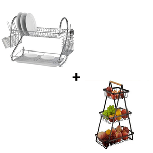 Combo Escurridor de Platos de Cromo + Cesto de Frutas Triangular de 3 Niveles