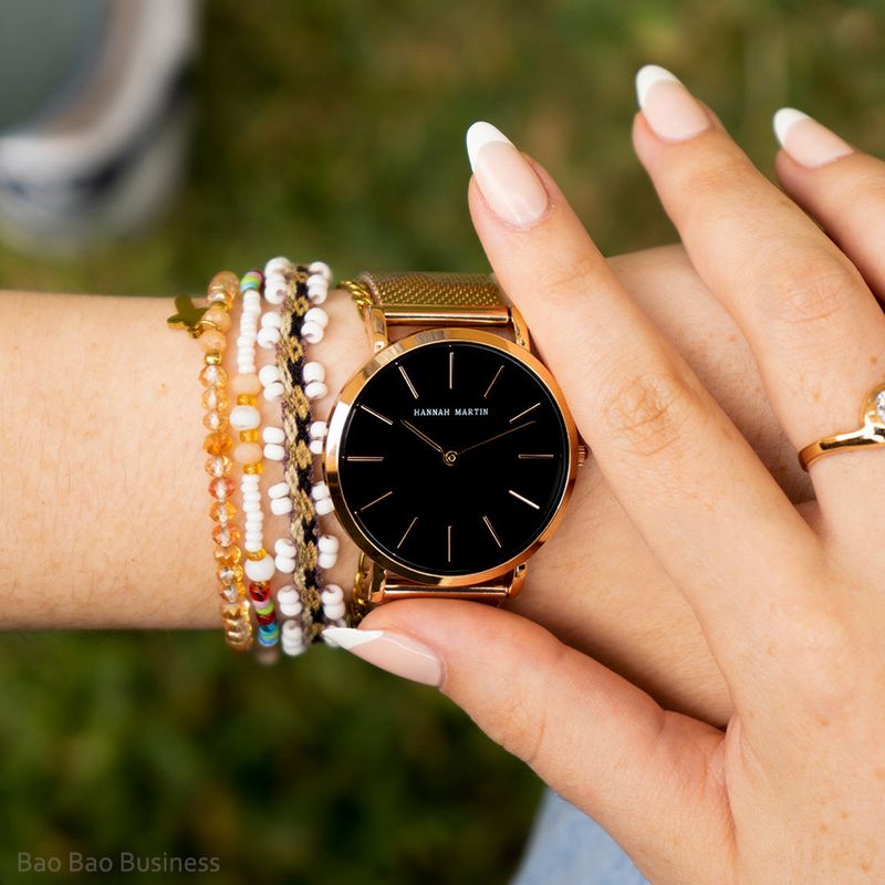 Reloj Metal Mujer Analogo Acero Inoxidable Hannah Martin Negro Rosa Real Plaza