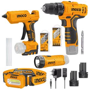 Kit Inalámbrico Atornillador Ingco 12V + Pistola Silicona + Linterna Led de Mano y Frente COSLI22121