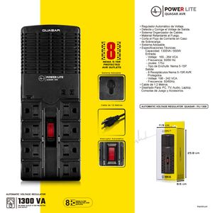 Estabilizador 1300va/ 650W 8 salidas Power Lite Quasar Pli1300