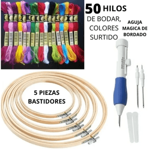 Set Bordado 5 Bastidores Mas Aguja Mágica con 50 Hilos de Bordar