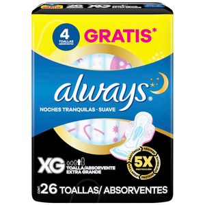 Toallas Higiénicas ALWAYS Noches Tranquilas Suave Talla XG Paquete 26un