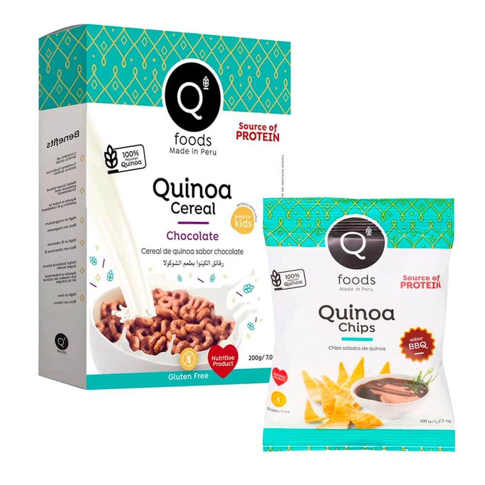 Pack Chips de Quinoa Q FOODS Sabor a BBQ Bolsa 35g + Cereal de Quinua Q