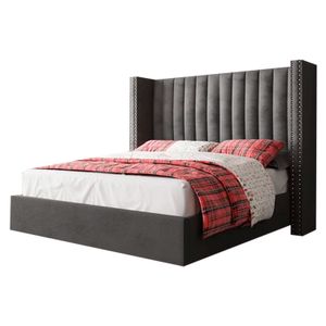 Cama Tapizada Listón LeMueble 2 plazas Plomo Oscuro con Tachuelas