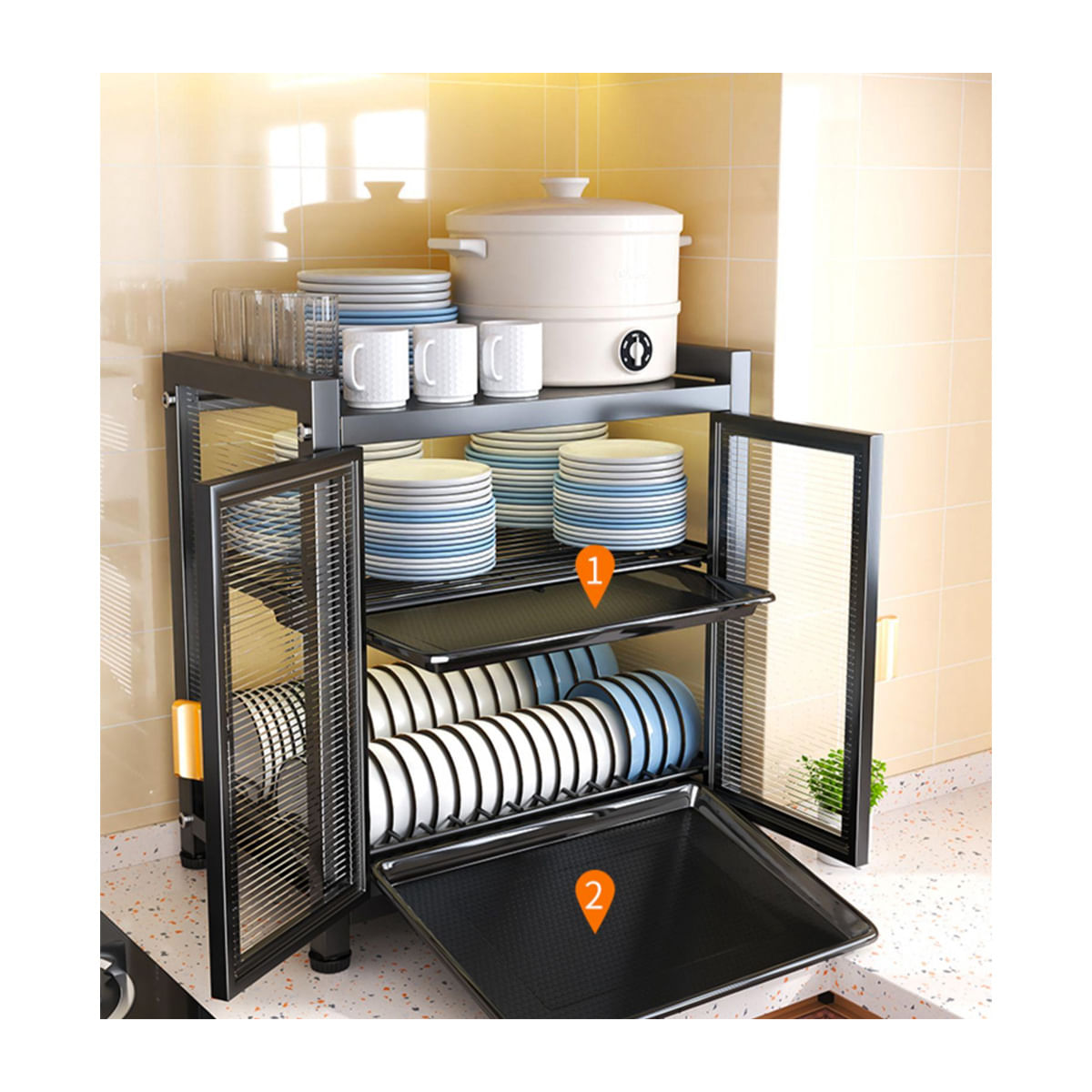 Organizador de platos Gretail para cocina estante 2 niveles Negro