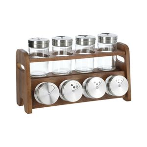 Set 8 Especieros de Vidrio con Rack de Madera 22,5x9x21 cm