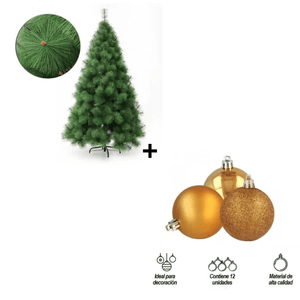Combo Árbol Navidad Clásico 180cm + Bolas Navideñas por 12 Unidades Diseño Variado Color Dorado