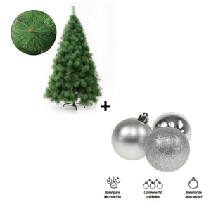 Combo Árbol Navidad Clásico 180cm + Bolas Navideñas por 12 Unidades Diseño Variado Color Plateado