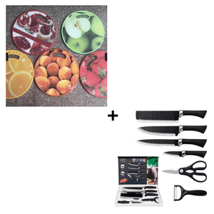 Combo Tabla para Picar Modelo de Frutas + Set de Cuchillos Negros x 6 Piezas