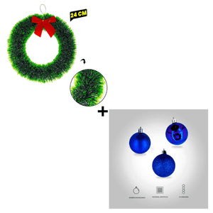 Combo Corona Navideña Verde + Bolas Navideñas por 12 Unidades Diseño Variado Color Azul