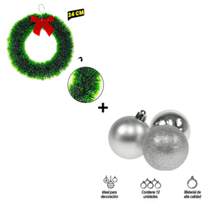 Combo Corona Navideña Verde + Bolas Navideñas por 12 Unidades Diseño Variado Color Plateado