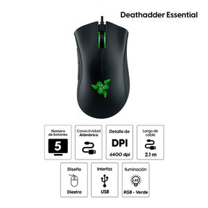 Mouse gamer Razer Deathadder Essential, 5 botones, 6400 dpi, luz verde, negro
