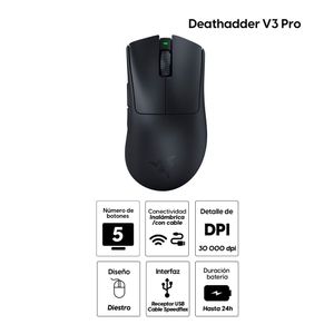 Mouse gamer Razer Deathadder V3 Pro, wireless, 5 botones, 30000 dpi, negro