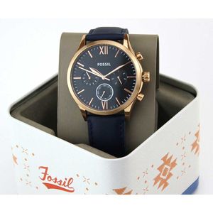 Reloj Fossil Fenmore BQ2412 Multifuncional Para Hombre Correa de Cuero Azul Oro Rosado