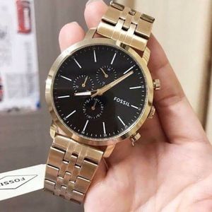 Reloj Fossil Luther BQ2329 Cronómetro Acero Inoxidable Dorado Dial Negro