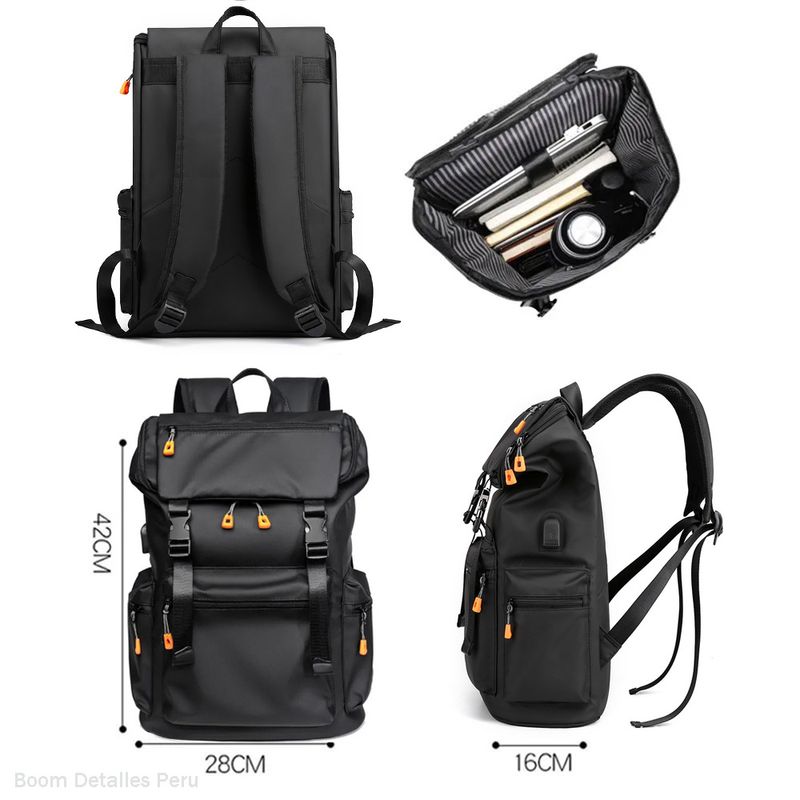 Mochila Hombre Moda Urbana con Porta Laptop y USB Mochila Impermeable Negro  - Real Plaza