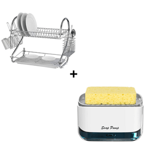 Combo Escurridor de Platos de Cromo + Dispensador de Jabón Lavavajilla con Soporte de Esponja