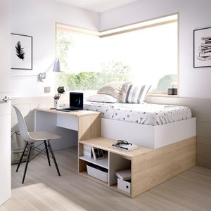 Cama Juvenil 1 Plaza con escritorio y organizador Atila color Blanco/Haya TU MESITA