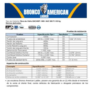 Escalera Fibra de Vidrio Tijera Simple Ascenso de 7 Pasos Cap. Carga Max: 200 Kg Bronco American