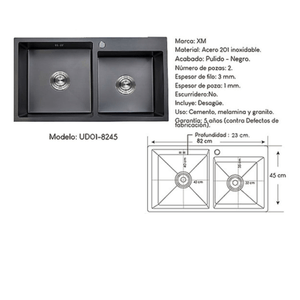 Lavadero de Cocina 2 pozas  de Acero Negro XM UD01-8245