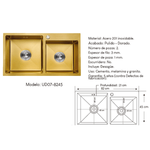 Lavadero de cocina Dorado 2 Pozas XM UD07-8245