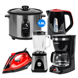 Daewoo Hervidor1.7L+Arrocera1.8L+Licuadora+Plancha+Cafetera