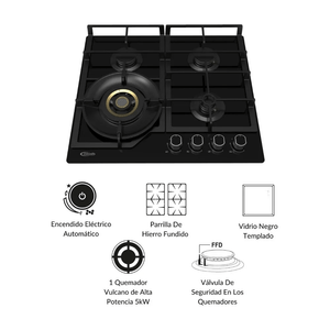 COMBO Klimatic: Cocina empotrable Vulcano 4 hornillas + Campana extractora decorativa Aria 60cm + Horno empotrable a gas