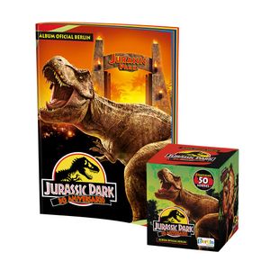 Álbum Jurassic Park 30 años Editorial Berlin Tapa Blanda y 1 Cajita de 50 Sobres