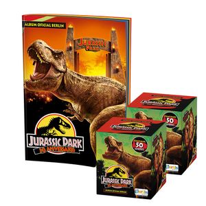 Álbum Jurassic Park 30 años Editorial Berlin Tapa Blanda y 2 Cajitas de 100 Sobres