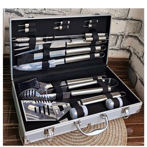 Set Parrillero Premium 20 Piezas en Acero Inoxidable con Caja de Alumino