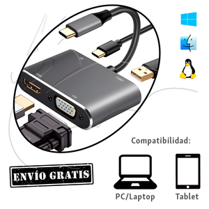 Cable Adaptador Tipo C A - Vga + Hdmi + Usb 3.1 + Usb C