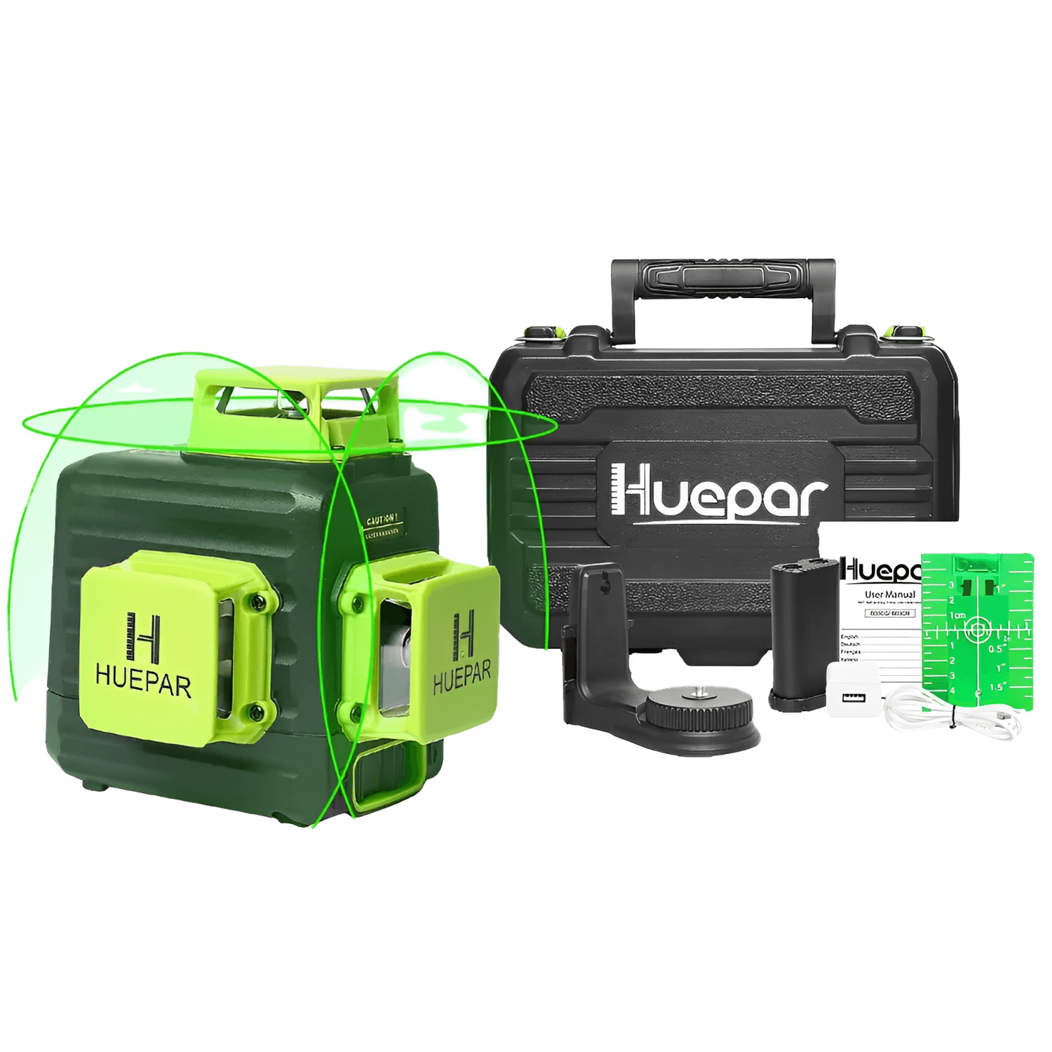 Huepar Nivel láser autonivelante 3D Green Beam 3 x 360 Línea cruzada de  tres planos herramienta de nivelación y alineación - Dos 360 verticales y  una