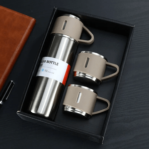 Termo de Acero Inoxidable con Tazas de Regalo Beige