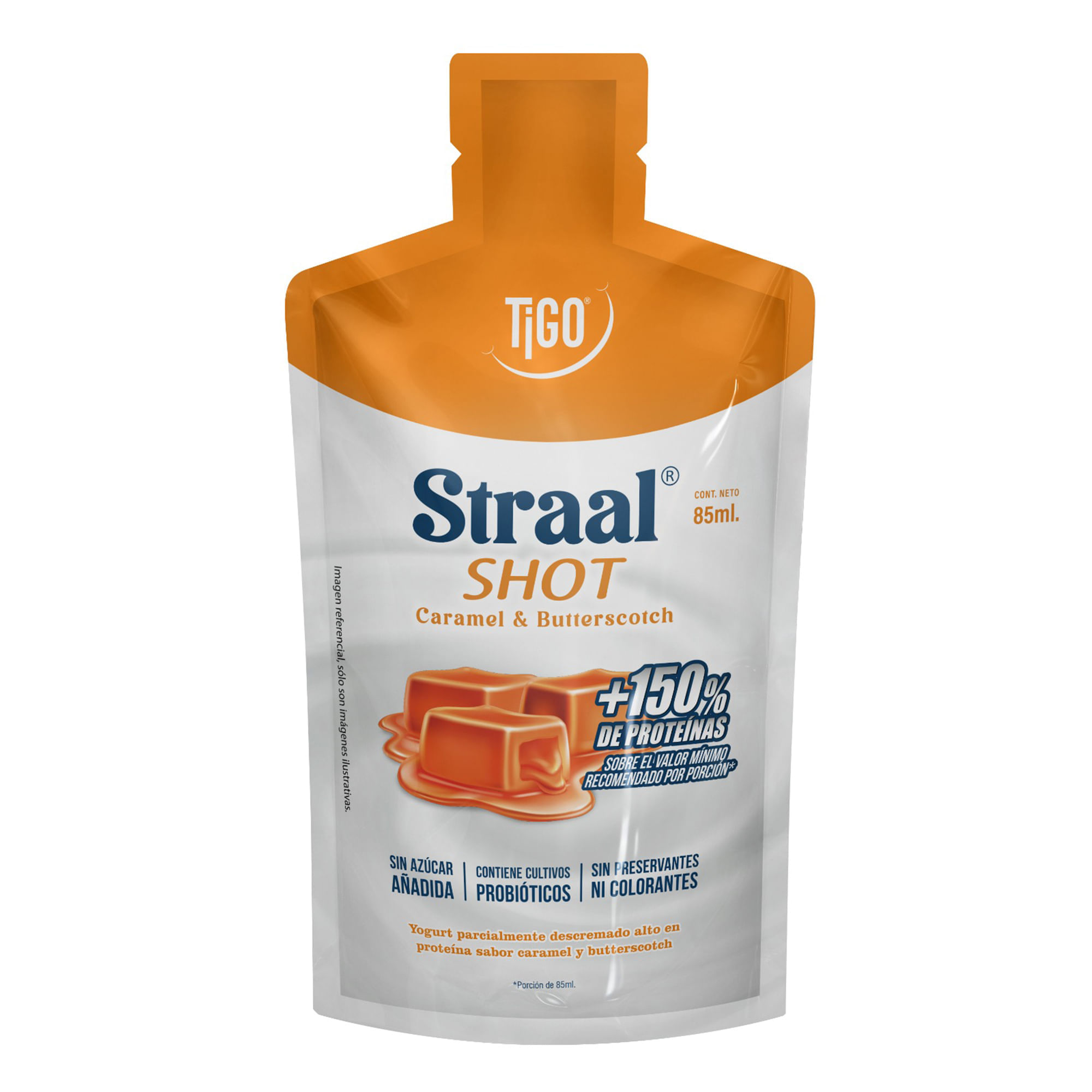 Yogurt TIGO Straal Shot Sabor a Caramel y Butterscotch Doypack 85ml