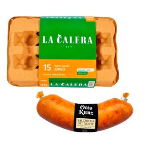 Pack Huevos de Gallina LA CALERA Pardos Jumbo Bandeja 15un + Salchicha del Norte OTTO KUNZ Paquete 150g