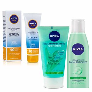 Pack NIVEA Bloqueador Facial Shine Control FPS50 50ml + Loción Facial Piel Mixta a Grasa 200ml + Gel Limpiador Piel Grasa 150ml