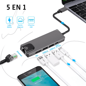 Adaptador Tipo C A Hdmi 4k Usb 3.0 Lan 5 En 1 Multipuerto 4k