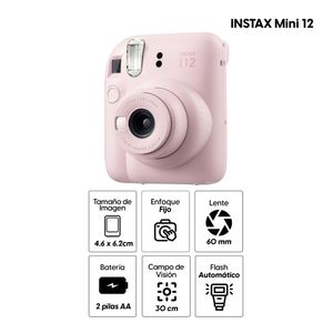 Cámara Fujifilm Instax Mini 12  Exposición automática, lente 60mm, rosa