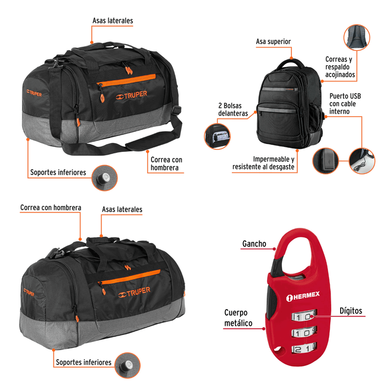 Combo Maletas Deportivas Camping y Mochila Porta Laptop Truper 60179 61095 61097 43350 Real Plaza