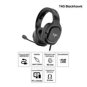 Audífonos gamer T4G Blackhawk conexión 3.5mm, negro