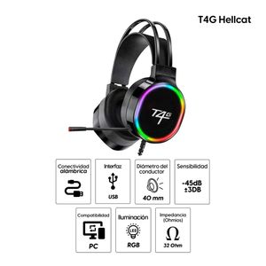 Audífonos gamer T4G Hellcat 7.1 conexión USB, RGB, negro