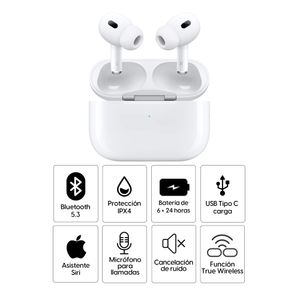 Audífonos bluetooth True Wireless Apple Airpods Pro 2da gen. con estuche de carga tipo C MagSafe, resistente al agua IPX4, duración máx. 6 horas
