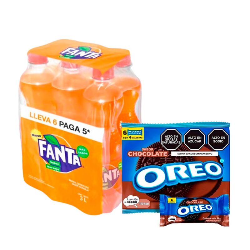 Pack Gaseosa FANTA Naranja Botella 500ml Paquete 6un + Galleta NABISCO OREO Chocolate Paquete 6un - Real Plaza