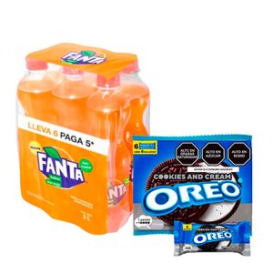 Pack Gaseosa FANTA Naranja Botella 500ml Paquete 6un + Galleta NABISCO Oreo Cookies & Cream Paquete 6un