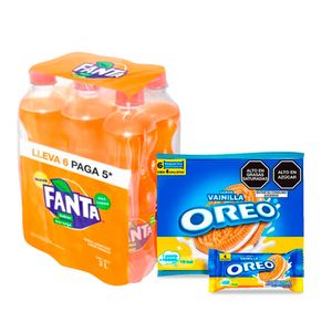 Pack Gaseosa FANTA Naranja Botella 500ml Paquete 6un + Galleta NABISCO OREO Doble Vainilla Paquete 6un