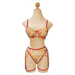 Lenceria Amarilla Sexy Mujer Flores Rojo