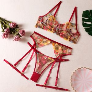 Lenceria Amarilla Sexy Mujer Flores Rojo