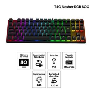 Teclado gamer T4G Nesher RGB 80% mecánico, alámbrico, conexión usb, switch azul, negro